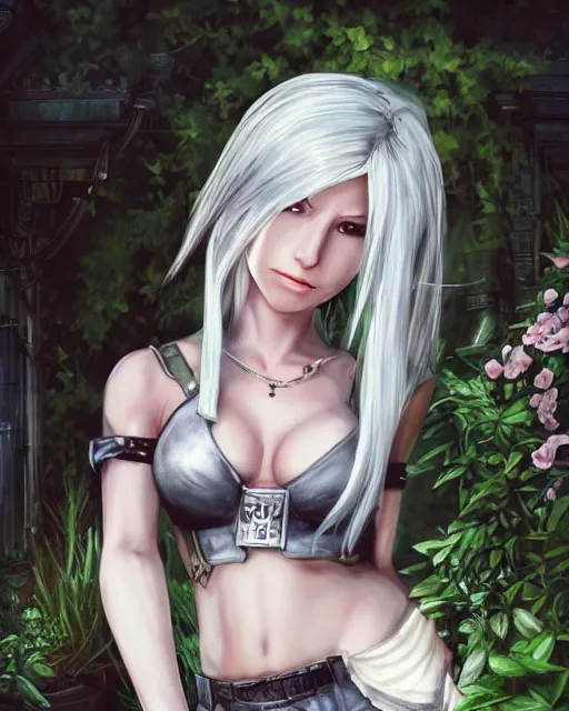 Image similar to tifa lockhart with white hair, beautiful face, garden, utopian city, solarpunk, perfect, attractive, illuminated, ultra realistic, atmosphere, cinematic, artstation, highly detailed