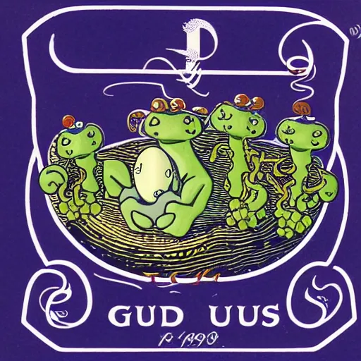 Image similar to a Giraud vintage logo with, toads, eggs, a vine ivy and eyes and octupus