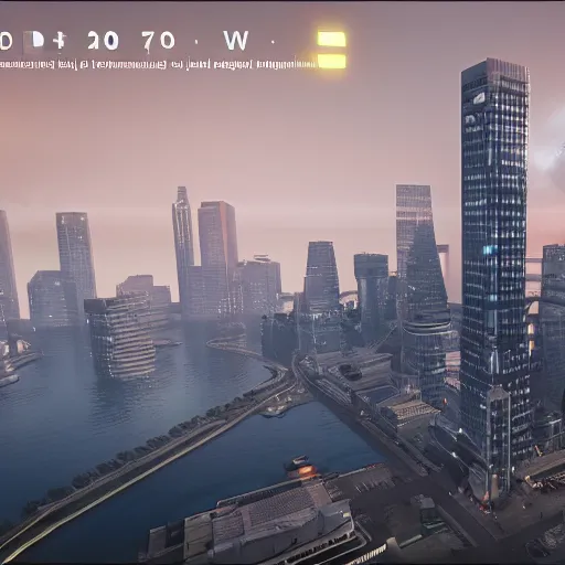 Image similar to canary wharf, screenshot from 2 0 2 8 pc vr game, unreal engine, max graphics settings, 8 k uhd