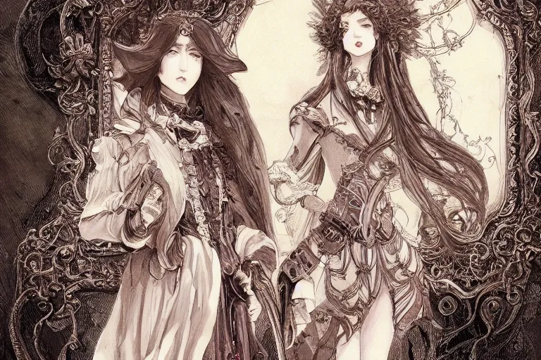 Prompt: baroque style, elegant, long hair concept art, fancy clothing, fancy room interior, highly detailed, artstation, behance, deviantart, inspired by innocent manga, inspired by castlevania concept art, trending, ayami kojima, shinichi sakamoto