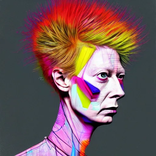 Image similar to a realistic yet sketched punk neon tilda swinton, trending on artstation, by archan nair and marlene dumas, intricate details, flowers, in the style of frank auerbach, in the style of martin ansin, in the style of david aja, by kandinsky