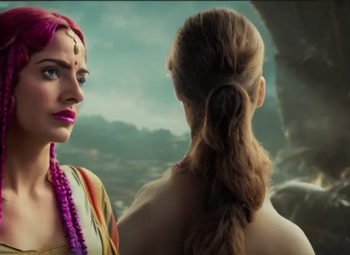 Image similar to film still of real life leela with ponytail in the new scifi movie, 4 k