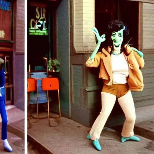 Prompt: 1976 color archival photo of a woman and a puppet that looks like Caspar the Friendly Ghost, in a sidewalk cafe, 16mm film soft color, earth tones and soft color 1976, archival footage, in style of doris wishman russ meyer, woman looks like gilda radner