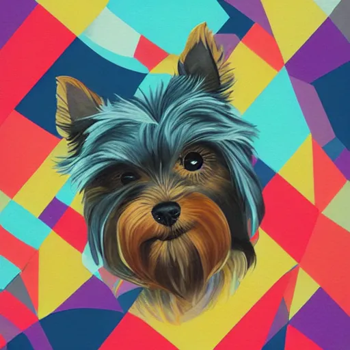 Prompt: Yorkshire Terrier under a rainbow picture by Sachin Teng, asymmetrical, dark vibes, Realistic Painting , Organic painting, Matte Painting, geometric shapes, hard edges, graffiti, street art:2 by Sachin Teng:4