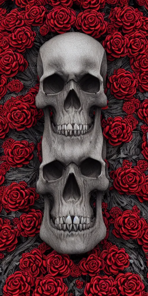 Image similar to skull made of red roses, organic horror, devil, death, giger, epic, baroque, art nouveau, james jean, photorealistic render, 3 ds max + v - ray, extremely detailed and intricate, center composition, elegant, vfx, unreal engine 5, octane render, extremely contrast, extremely sharp lines