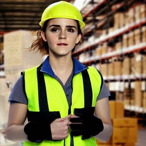 Prompt: photo, close up, emma watson in a hi vis vest, in warehouse, 2 0 0 8 android cameraphone, low contrast, 2 6 mm,