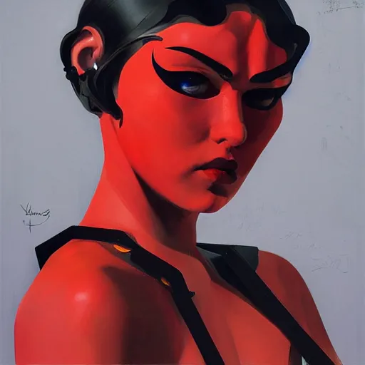 Image similar to Matisse potrait of a demon with black and red robotic parts, medium shot, asymmetrical, profile picture, Organic Painting, sunny day, Matte Painting, bold shapes, hard edges, street art, trending on artstation, by Huang Guangjian and Gil Elvgren and Sachin Teng