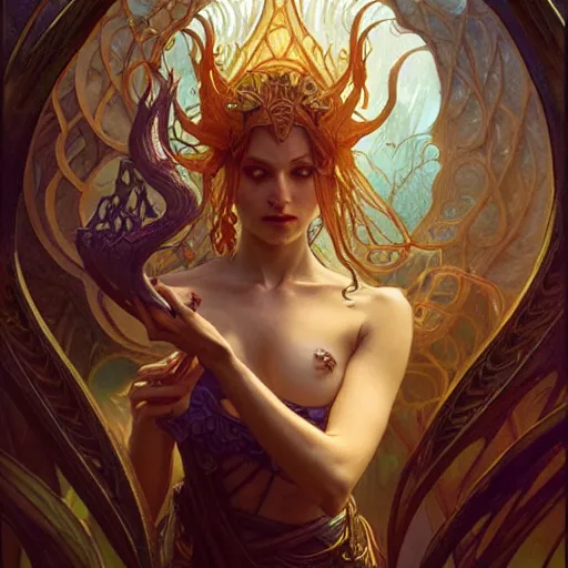 Image similar to surprised merrow D&D creature, looking down at hand, D&D 5e, fantasy, intricate, elegant, highly detailed, digital painting, artstation, concept art, smooth, sharp focus, illustration, art by artgerm and greg rutkowski and alphonse mucha