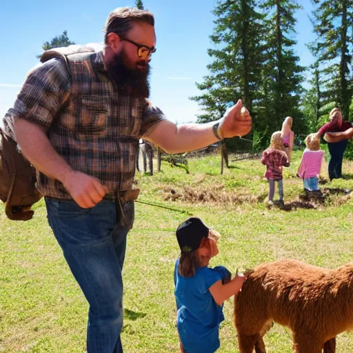 Prompt: aggressive bearded forestry man pushing kids out of the way at a petting zoo with lammas