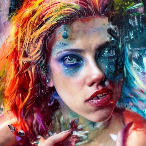 Image similar to drunken scarlett johansson as delirium from sandman, one green eye and one blue eye, ( hallucinating colorful soap bubbles ), by jeremy mann, by sandra chevrier, by dave mckean and richard avedon and maciej kuciara, 8 0's, punk rock, tank girl, high detailed, 8 k