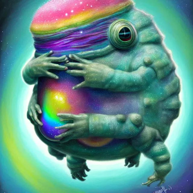 Image similar to a highly detailed tardigrade, it has rainbow hair and a beautiful unconventional face, floating through deep space, elegant, hyperrealistic, digital painting, artstation, realism, concept art, pop, smooth, mythological, sharp focus, qualia, illustration, art by mark ryden 3 d 8 k ultra detailed