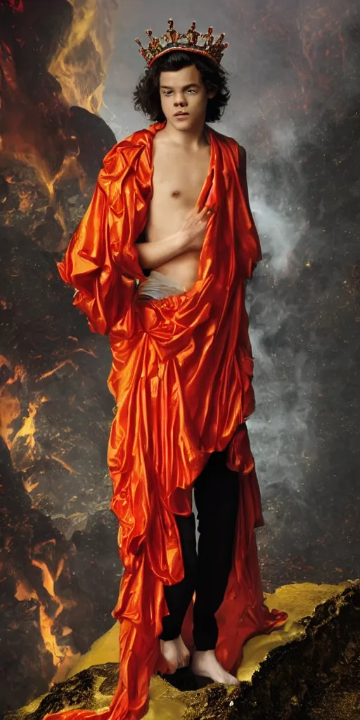 Image similar to young Harry Styles wearing a firey red and orange tissue paper with a golden crown and a black prince tuxedo by Prada. bubbling pools of lava in the crater of a volcano. ethereal, fantasy, Lawrence Alma-Tadema, James Jean, oozium, peter morbacher, angelarium, alchemy, luxury, heavenly light, Soft illumination, Trending on artstation, Cinematic Lighting, very detailed, 3D, octane render, artgerm