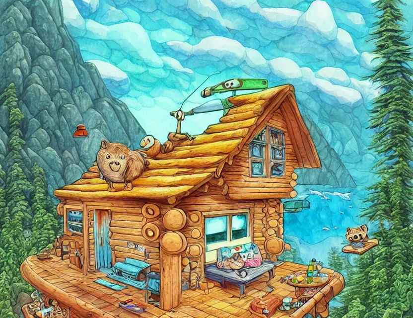 Image similar to cute and funny, a beautiful cozy cabin carved into a mountain, view of the ocean beneath, ratfink style by ed roth, centered award winning watercolor pen illustration, isometric illustration by chihiro iwasaki, edited by range murata, tiny details by artgerm and watercolor girl, sharply focused