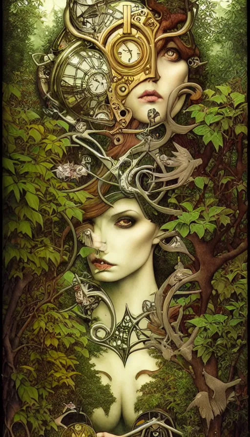 Image similar to M. C. Escher time machine, lush forest painted by tom bagshaw, mobius, mucha M. C. Escher, gold paint, ink, gnarly details