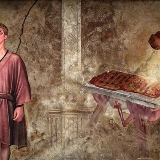 Image similar to photo of an ancient roman fresco on a wall in an ancient roman villa : mark zuckerberg as a roman noble senator next to a grill with meats. dressed in a white toga. serious facial expression. detailed, intricate artwork. faded shadows