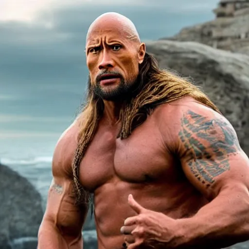 Image similar to Dwayne Johnson as viking , film still