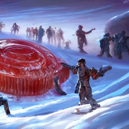 Image similar to a giant jello worm attacks warriors in a icy desert, ice, snow, cold, by the tony sart, artstation