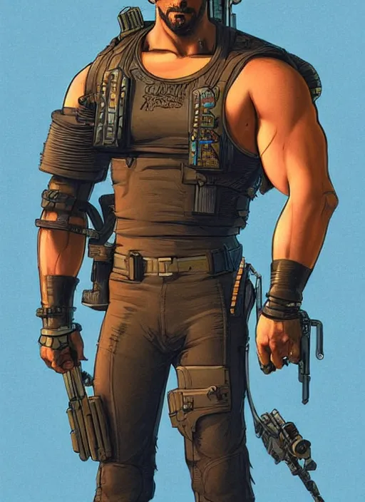 Prompt: buff cyberpunk mercenary dude. portrait by stonehouse and mœbius and will eisner and gil elvgren and pixar. realistic proportions. cyberpunk 2 0 7 7, apex, blade runner 2 0 4 9 concept art. cel shading. attractive face. thick lines.