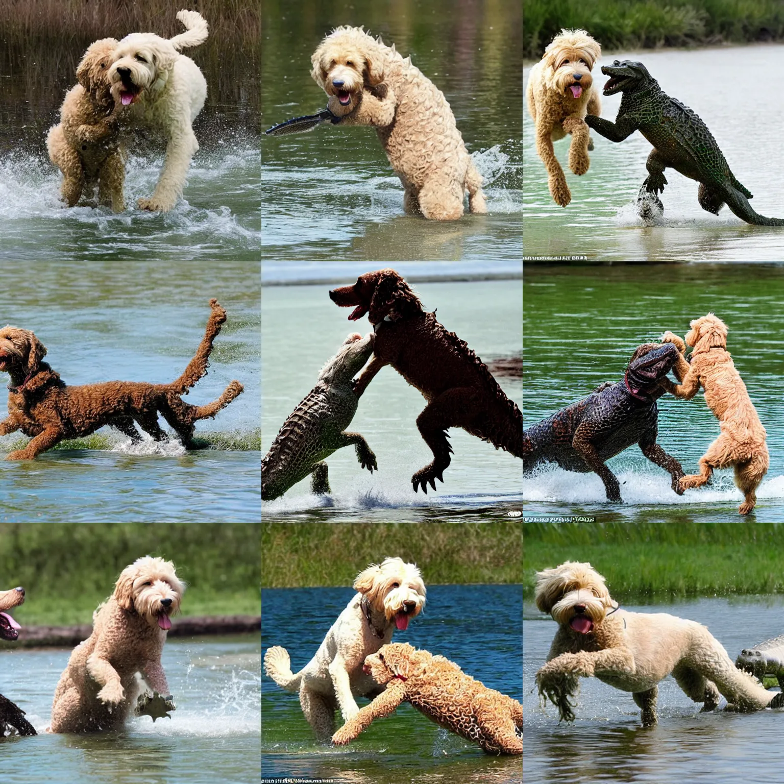 Prompt: action shot of a blonde labradoodle fighting an alligator, nature documentary, intense