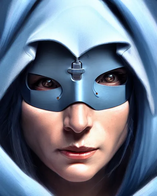 Image similar to ana from overwatch, eye patch, older woman, gray hair, blue hooded cloak, character portrait, portrait, close up, highly detailed, intricate detail, amazing detail, sharp focus, vintage fantasy art, vintage sci - fi art, radiant light, caustics, by boris vallejo