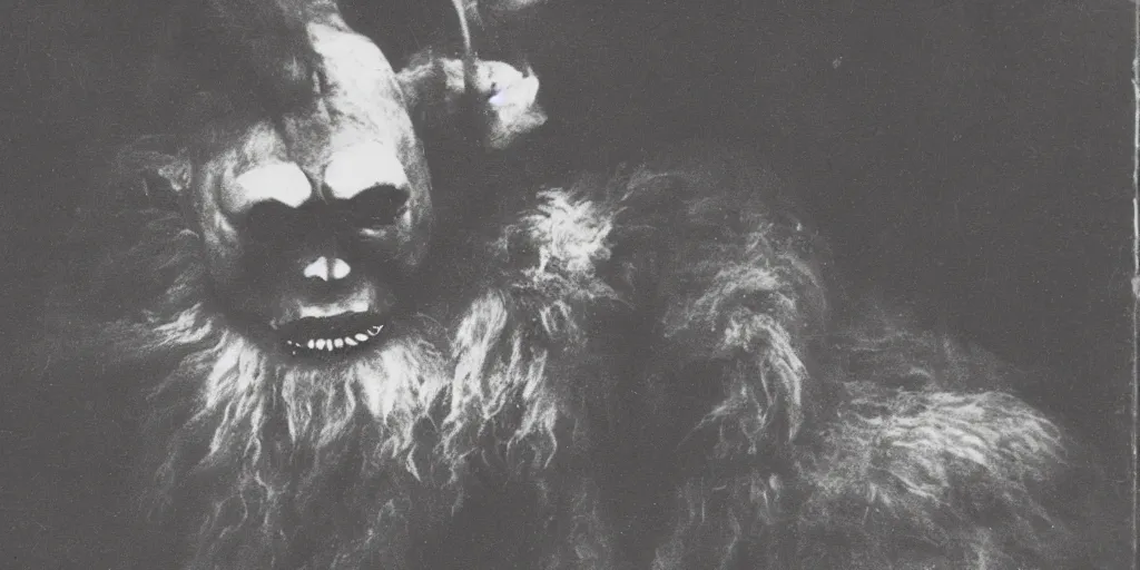 Prompt: krampus eating a mountain, 1920s photography, grainy, eerie, dark