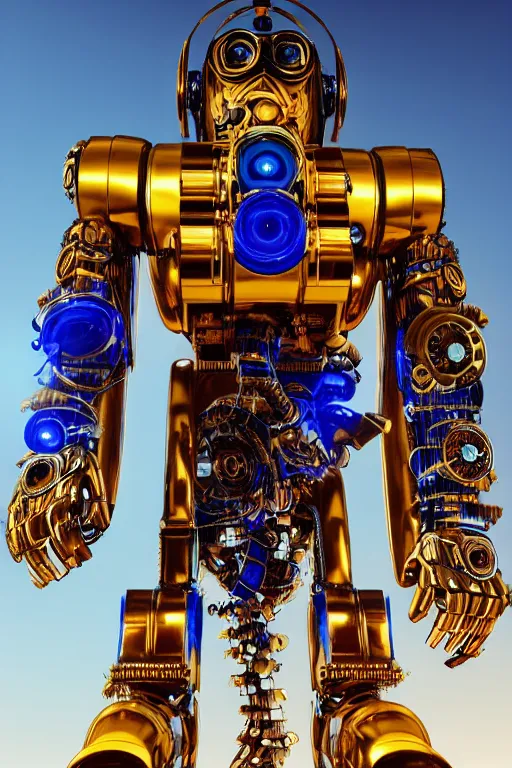 Image similar to portrait photo of a giant huge golden and blue metal humanoid steampunk robot, the head is a huge camera, with gears and tubes, eyes are glowing red lightbulbs, shiny crisp finish, 3 d render, 8 k, insaneley detailed, fluorescent colors, background is multicolored lasershow