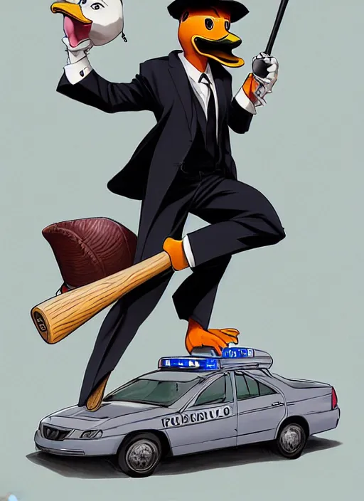 Image similar to commissioned full body portrait of a male anthro duck fursona with a duck head wearing a nice black suit and a fedora holding a baseball bat sitting on the hood of a police patrol car in a baseball stadium, by a professional manga illustrator, Stanley Artgerm Lau, WLOP, Rossdraws, James Jean, Andrei Riabovitchev, Marc Simonetti, and Sakimichan, trending on artstation