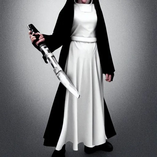 Prompt: photo of a cyberpunk nun warrior