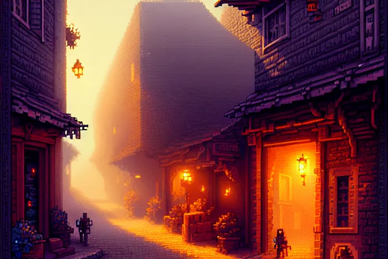 Prompt: a city street in athas under the dark sun, beautiful detailed pixelart by albertov, intricate details, beautiful, dithered gradients, volumetric lighting, cgsociety, artstation, 2 d, smooth, sharp, focus, illustration, art by artgerm, by greg rutkowski, by dan mumford