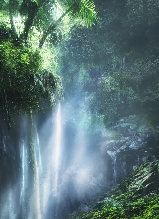 Prompt: great jungle turquiose waterfall, highly detailed, mist, god rays, cinematic, cinematic lighting, octane render, ultra details, painting by tyrus wong, 8K