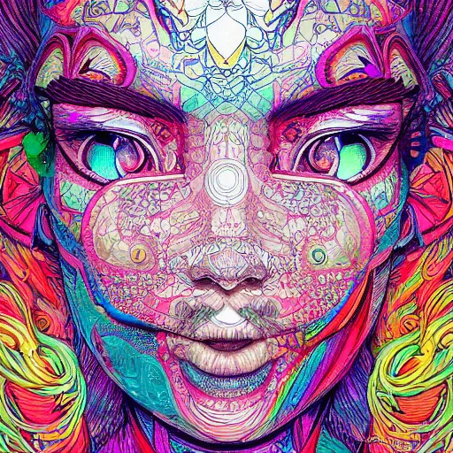 Image similar to the face of a ridiculously beautiful and pretty japanese girl partially made of onion rings of all colors looking down, an ultrafine detailed illustration by james jean, final fantasy, intricate linework, bright colors, behance contest winner, vanitas, angular, altermodern, unreal engine 5 highly rendered, global illumination, radiant light, detailed and intricate environment