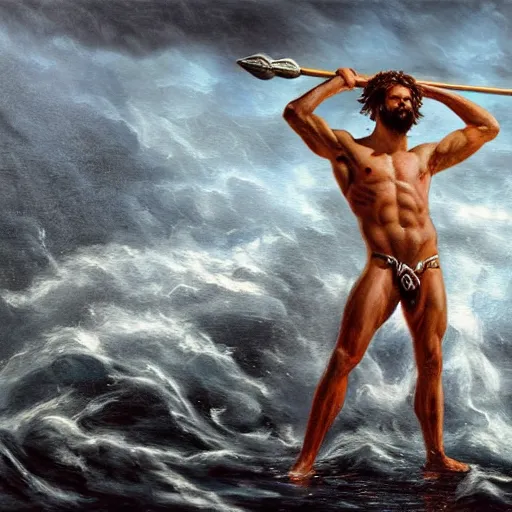 Prompt: poseidon standing at center frame holding a trident, with his back turned to the camera, a storm ahead, high res, oil painting, realistic, water, greek god, epic composition, masterpiece, award winning, low exposure