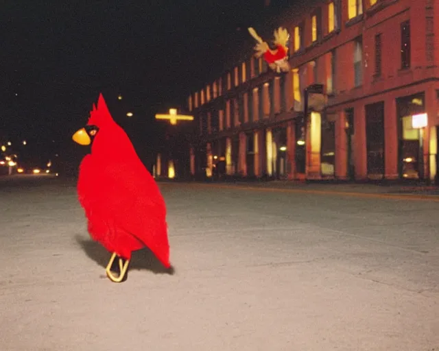 Image similar to photo of iowa state university mascot cy the cardinal wandering the streets of nyc at night, cinestill 8 0 0 t film