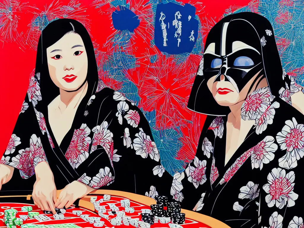 Image similar to hyperrealism composition of the detailed woman in a japanese kimono sitting at an extremely detailed poker table with darth vader, fireworks on the background, pop - art style, jacky tsai style, andy warhol style, acrylic on canvas