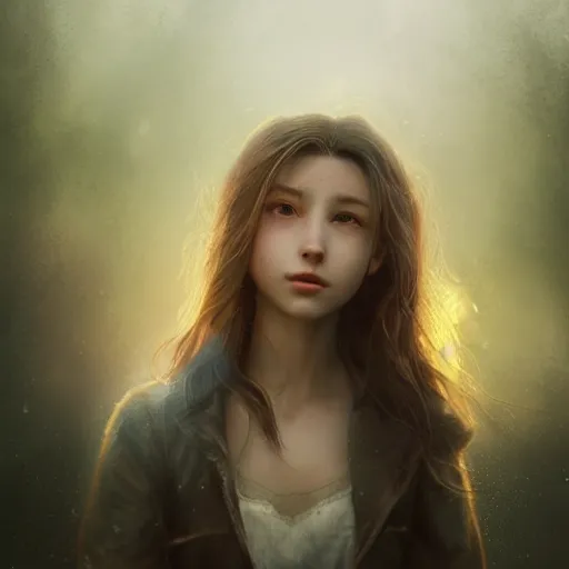 Image similar to beautiful aerith gainsborough, face centered portrait, confident, fog, rain, volumetric lighting, beautiful, golden hour, sharp focus, ultra detailed, cgsociety by leesha hannigan, ross tran, thierry doizon, kai carpenter, ignacio fernandez rios