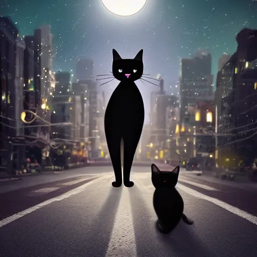 Image similar to the most beautiful black cat ever seen with big eyes in the middle of the street at mid night with the moon in the sky. Award winning. Unreal 5. Realistic. Highly detailed. Artstation. Professional photographer.