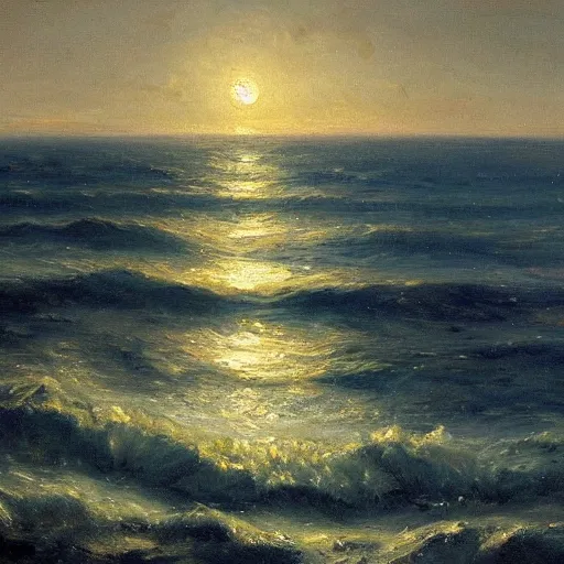 Prompt: a matte painting of the ocean at night with a full moon, an oil painting by Laurits Tuxen, deviantart, impressionism, deviantart