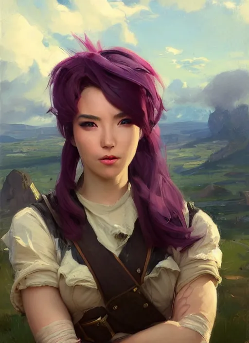 Prompt: portrait of VI from League of Legends after work, countryside, calm, fantasy character portrait, dynamic pose, above view, view from above, sunny day, thunder clouds in the sky, artwork by Jeremy Lipkin and Giuseppe Dangelico Pino and Michael Garmash and Rob Rey, very coherent symmetrical artwork, sharp edges, perfect face, simple form, 100mm