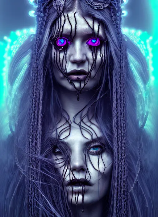 Prompt: tarot card goddess of death, braids, decaying face, neon hair, futurism, intricate futuristic led jewelry, digital painting, realism, extreme detail, cinematic, trending on artstation, by hans zatzka and jibaro