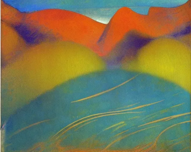 Image similar to A wild, insane, modernist landscape painting. Wild energy patterns rippling in all directions. Curves, organic, zig-zags. Saturated color. Mountains. Clouds. Rushing water. Waves. Psychedelic dream world. Odilon Redon.