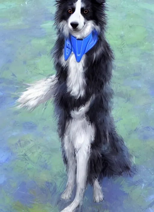 Image similar to full body portrait of a cute male anthropomorphic border collie fursona wearing a blue dog collar and standing in the rain, beautiful, model pose, realistic proportions, highly detailed, scenic background, trending on artstation, art by charlie bowater and henry asencio and and ross tran