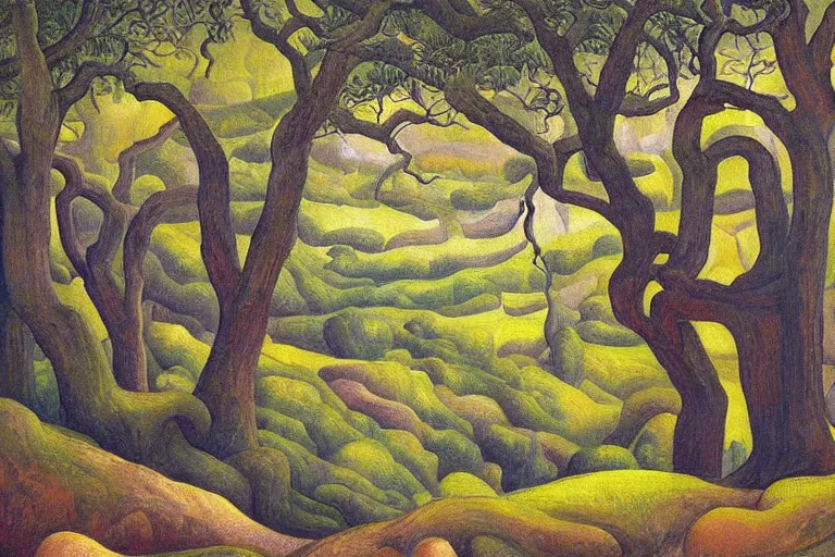 Image similar to masterpiece painting of oak trees on a hillside overlooking a creek, dramatic lighting, by diego rivera