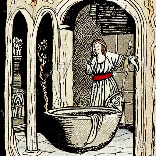 Prompt: person taking a bath medieval book illustration , stunning masterpiece