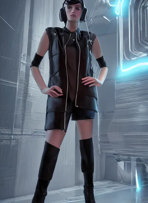 Prompt: haute couture, clothing setting for girl, model standing pose, futurism, vest, princess sleeve jacket, shorts, boots, headphones, cyberpunk style, render by octane and blender, hyper realistic, hyper detailed