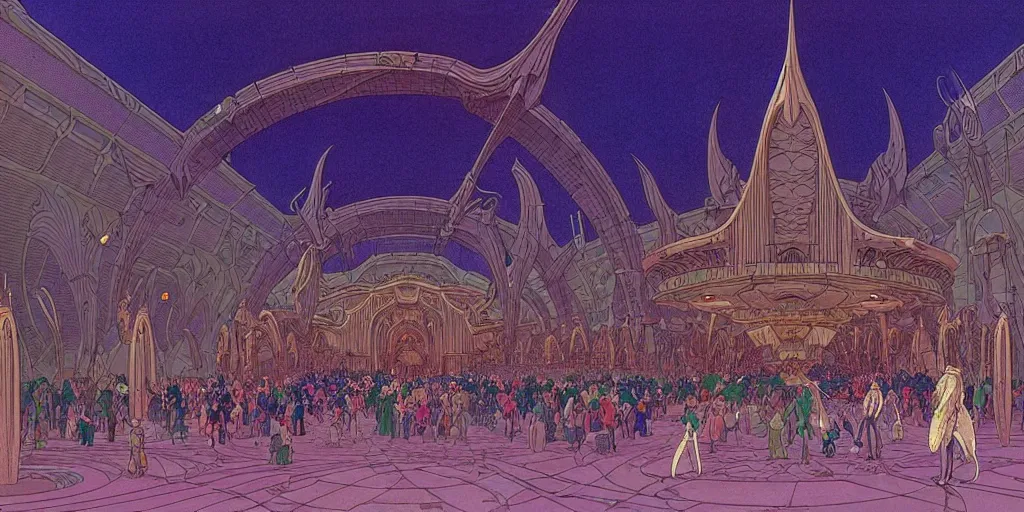 Image similar to cel shaded matte illustration, cinematic shot of the interior of a sci - fi space station with ornate elven architecture bustling with people, epic castle, emerald, crystalline, detailed illustration, sharp focus, crisp lines, art by moebius!!!, jean giraud moebius!!! comic illustration