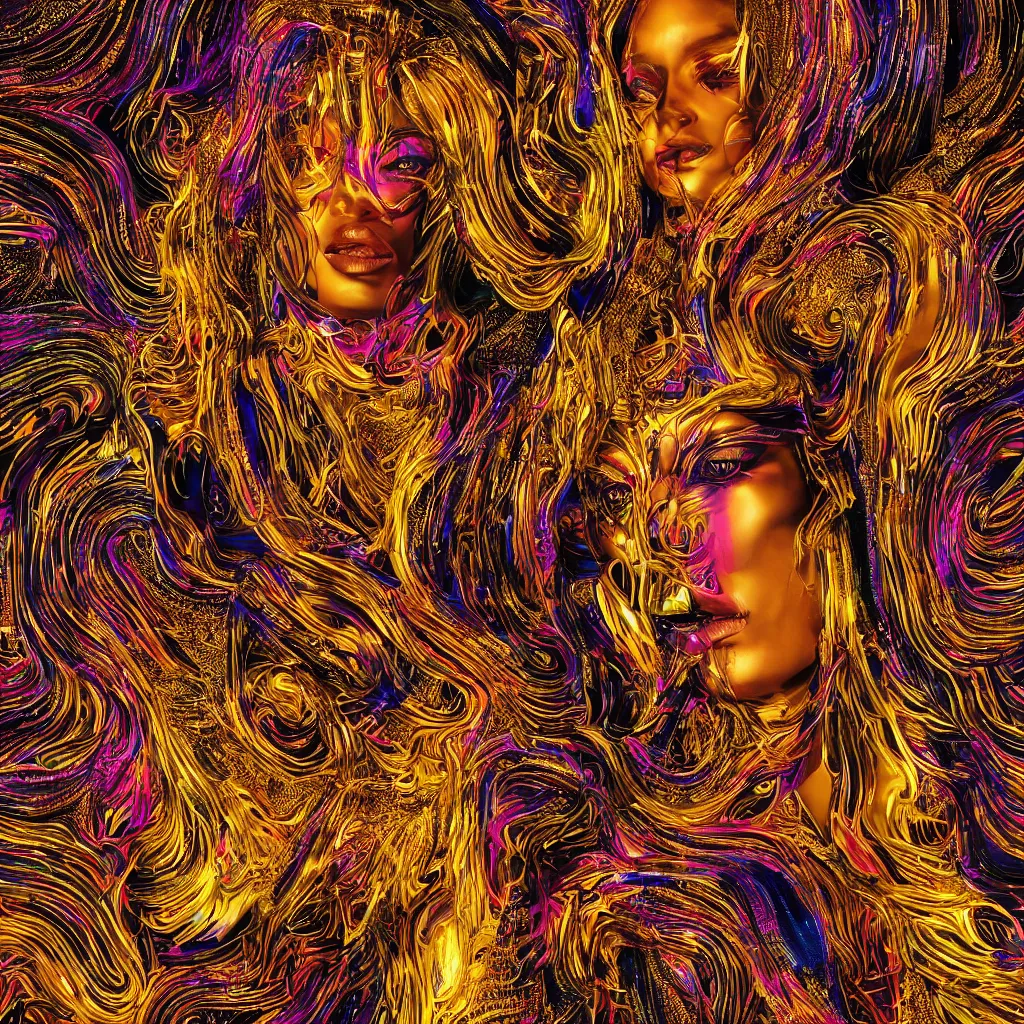 Image similar to hyperdetailed masterpiece portrait of a glossy golden metallic statue of a woman covered in colorful glowing digital circuits and hexagons, symmetrical, in the style of virgil abloh, offwhite, heron prestorn, denoise, vogue, paris, fashion, louvre museum, highly detailed, realistic, hyperreal, 8 k, 4 k, render