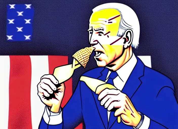 Prompt: joe biden eating ice cream scoop on a ice cream cone, political cartoon, high detail