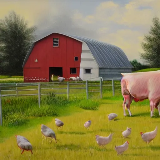 Prompt: exterior view of modern futuristic farm barn architecture, cows, pigs, chickens, detailed luminescent oil painting 4 k