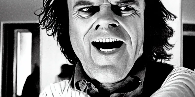 Image similar to photorealistic wide profile master shot cinematography of the character jack torrance played by jack nicholson from stanley kubrick's 1 9 8 0 film the shining sitting at the overlook hotel's gold ballroom bar starring right at the camera shot on 3 5 mm eastman 5 2 4 7 film by the shining cinematographer john alcott on a 1 8 mm cooke panchro lens.