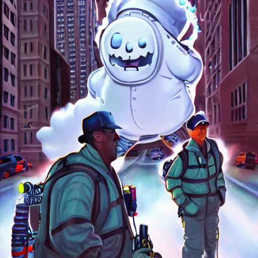 Image similar to a giant ghostbusters stay puff marshmallow man wearing timberland shoes and a yankee hat smoking a joint walking in new york city, highly detailed portrait, digital painting, artstation, artstation hq